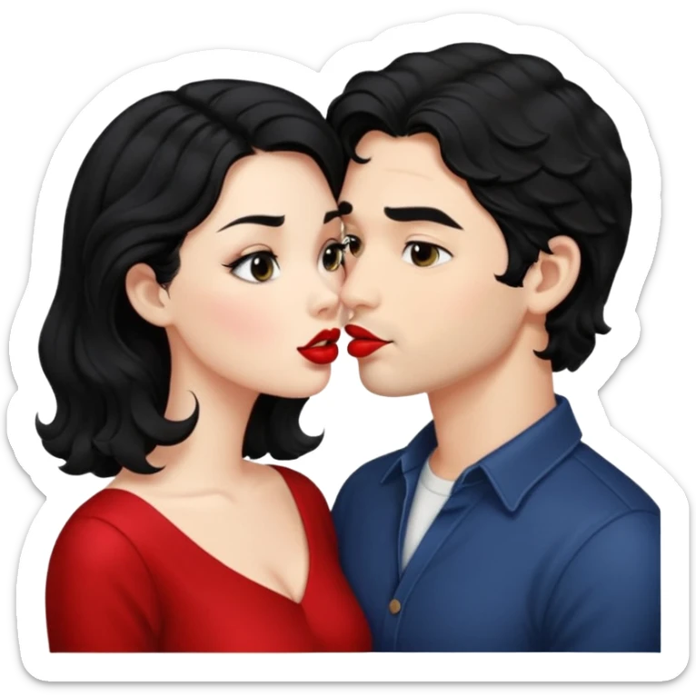 a handsome man with black short wavy hair tries to kiss a cute woman who has long black hair sticker