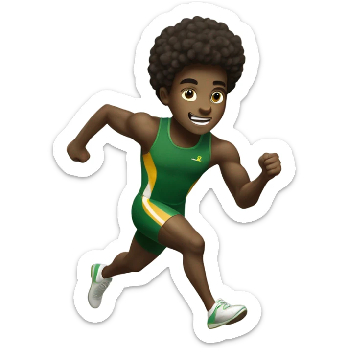 Muscular Afro teenage boy  in green track and field uniform running fast with gold baton in his hand. sticker