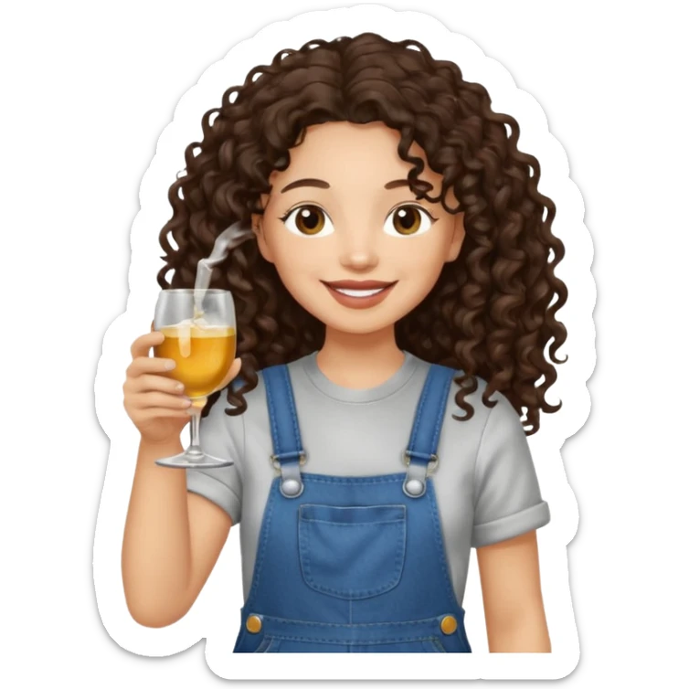 Curly haired curl with long dark brown hair and light skin in overalls toasting with alcohol  sticker