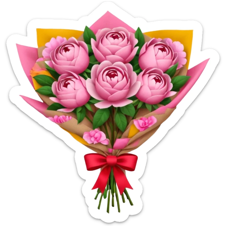 Bouquet of pink flower like rose and peony wrapped in kraft paper with red bow sticker