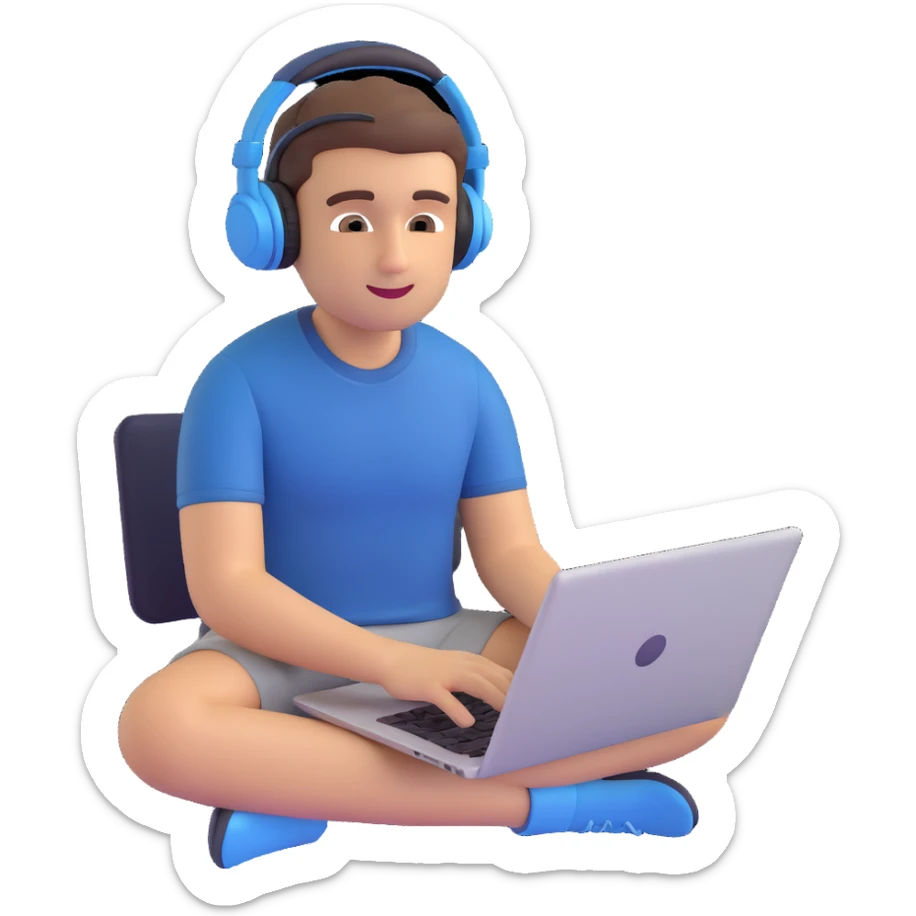 memoji of a college student, sitting with a laptop, relaxed, wearing headphones sticker