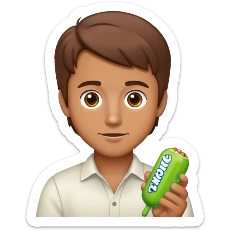 Wait but it's a cute man with brown hair, brown hair, and holding mike and ikes sticker