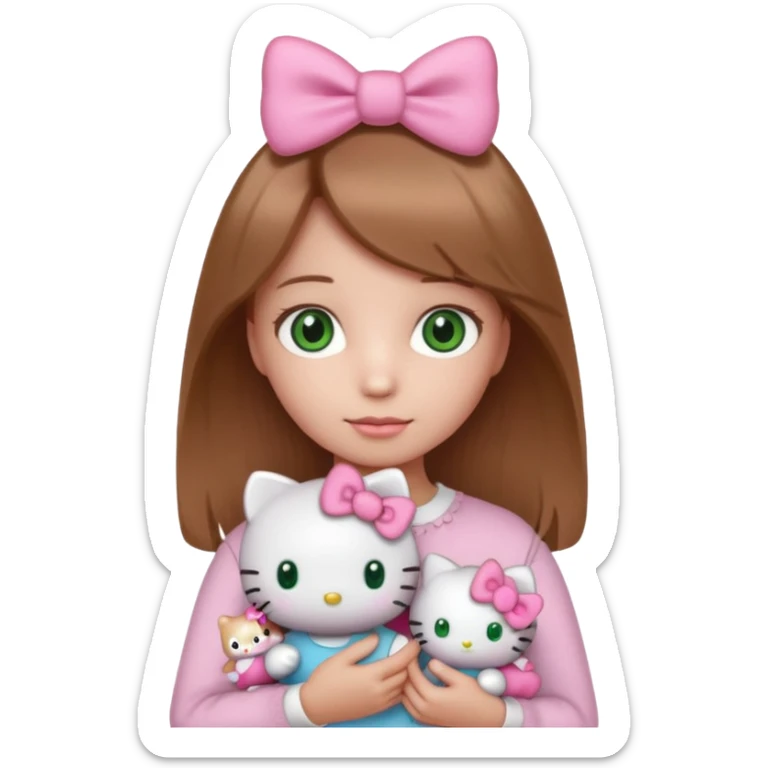 Girl with natural green eyes and light brown hair and she have a hello kitty doll with her hand sticker