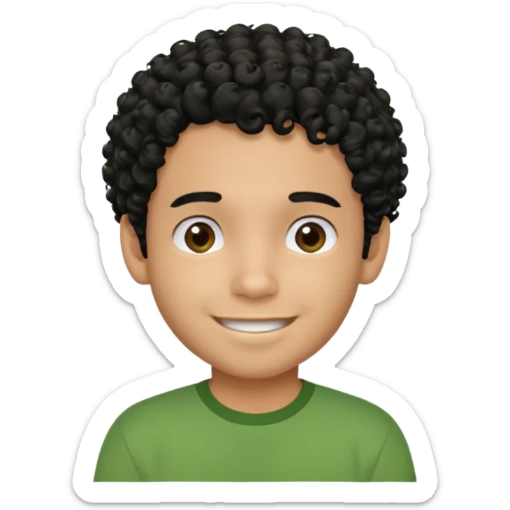 Curly, dominican boy, Phototype II, black hair, with green shirt sticker