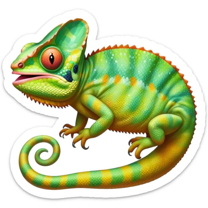 cinematic giant-tongue out chameleon-realistic emoji, mouth wide open with tongue out catching prey, -blending-with-vibrant-greenery.-detailed-scales-in-shifting-colors,-showing-the-chameleon’s-ability-to-camouflage.-soft-natural-light-highlights-its-texture.-light-background, zoomed into its face sticker