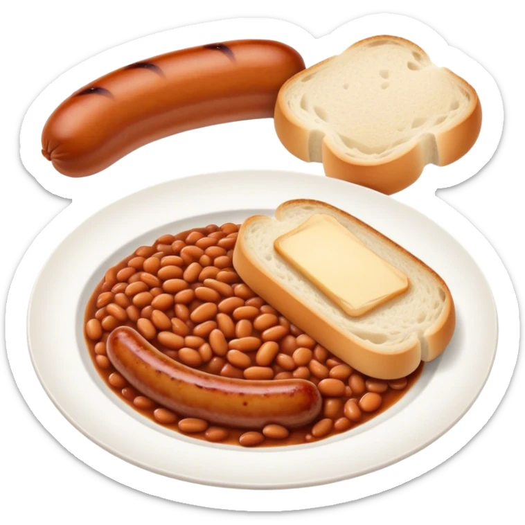 2 sausages with baked beans and a slice of bread, all on a plate sticker