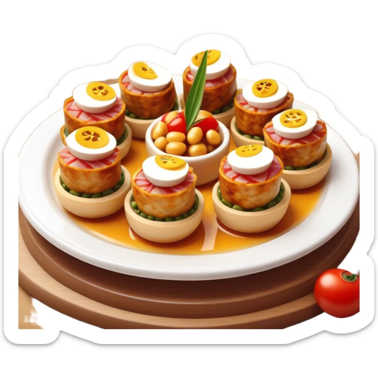 Tapas (4 Pintxos) Cinematic Realistic Tapas Dish Emoji, depicted as an assortment of 4 pintxos elegantly arranged on a plate, rendered with lifelike textures and vibrant, inviting lighting. sticker