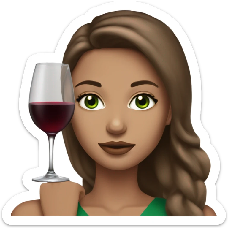 Beautiful green eyed model with brown hair, beige skin, with a wine, with a makeup  sticker