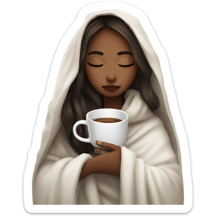 Cozy aesthetic girl wrapped in a white blanket holding a cup of coffe, eyes closed  sticker