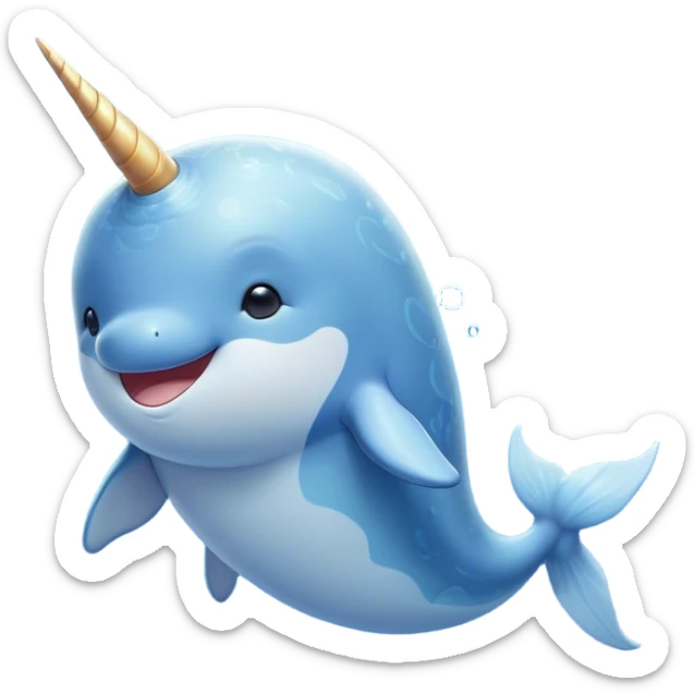 Beautiful and Majestic Cute Narwhal Portrait Emoji, Head and body rendered in serene repose with a gentle, radiant smile, showcasing a streamlined, graceful form adorned with a luminous spiraled tusk and peacefully closed eyes, Simplified yet exquisitely endearing features, highly detailed, glowing with a soft, majestic ocean light, high shine, serene and utterly enchanting, stylized with an air of magical marine splendor, soft glowing outline, capturing the essence of a beautiful and majestic cute narwhal that embodies the quiet wonder of the deep blue! sticker