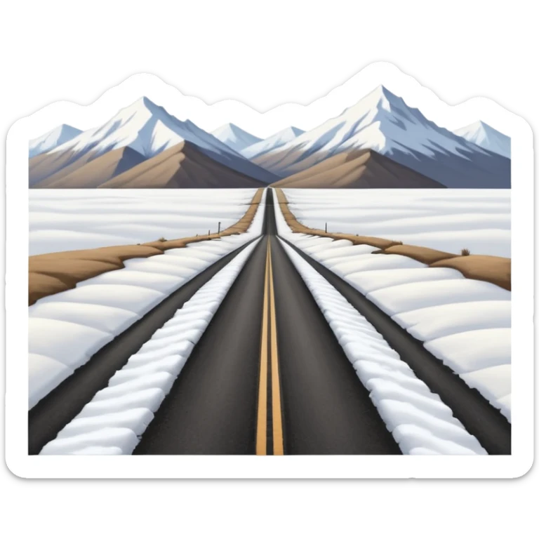 A long straight dirt road that disappears into the horizon half way up the screen from the perspective of someone sitting in the middle of the road looking down it. Flat snow fields on both sides of the road with huge looming mountains above the roads horizon line.  sticker