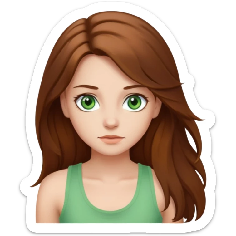 A girl with long brown hair, green eyes, and a white tank top; she doesn't have bangs. sticker