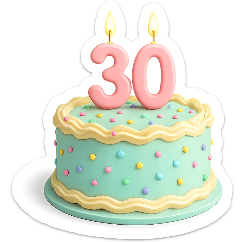 birthday cake with a candle in the shape of 30, pastel colors, cheerful, no text on cake sticker