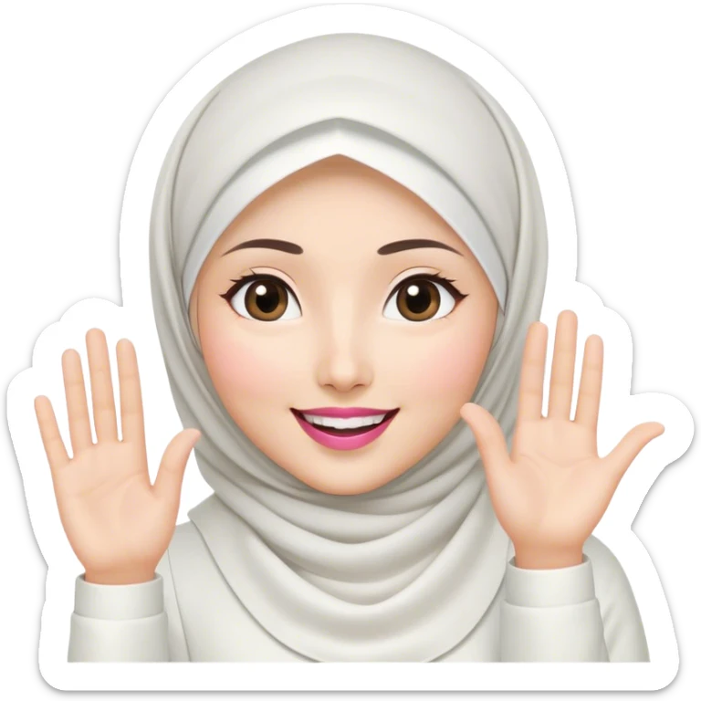 Asian white woman hijab, her hijab color is white, her face is small oval, her face is firm, her lips are pink, her eyes is shining, her face looks happy and excited, her eyes are also smiling, her outfit color is white. Generate emoji that show a half of her body and her gesture waving hand sticker
