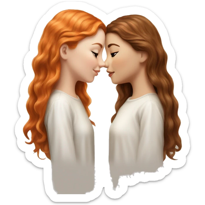 serene two white girls. one has wavy brunette hair and the other has natural soft orange hair delicate fringe. standing together kissing in gentle light. calm and content. hyper-realistic soft textures fine details glow on skin sticker