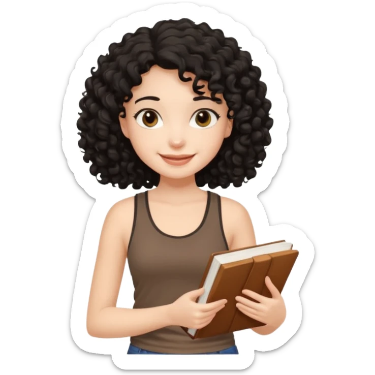 a pretty bratz fair girl with black curly hair in a brown tank top holding a book sticker