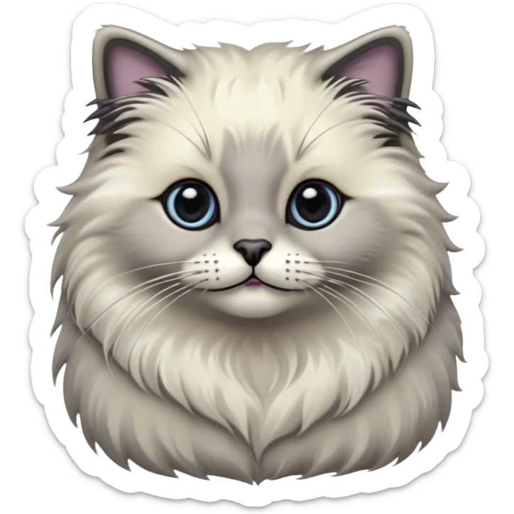 Cinematic Adorable Fluffy Grey Seal Ragdoll Cat Portrait Emoji, Head tilted cutely with big, sparkling eyes, soft grey fur with darker seal points on the ears, face, and paws, Simplified yet irresistibly adorable features, highly detailed, glowing with a soft, warm glow, high shine, affectionate and playful, stylized with a touch of whimsy, bright and endearing, soft glowing outline, capturing the essence of a curious and loving kitten, so cute it feels like it could leap out of the screen and snuggle up for a cuddle! sticker