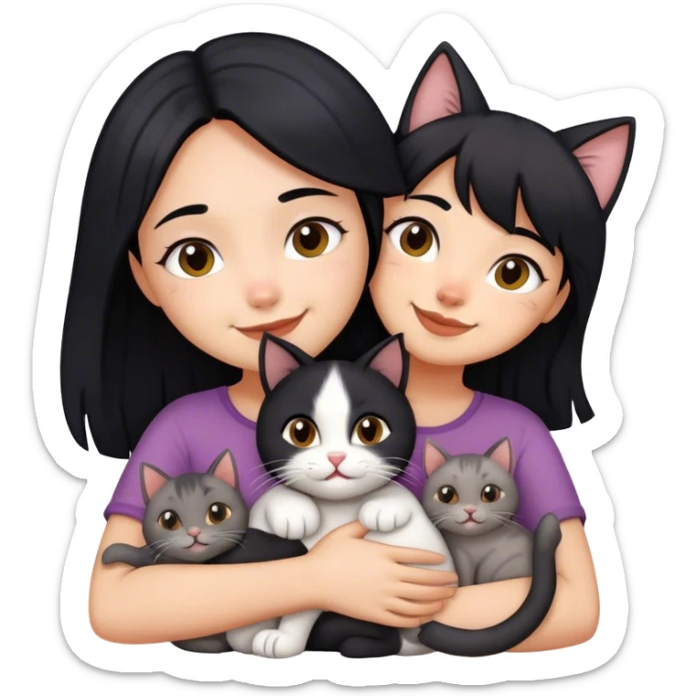 happy girl with black hair hugging three cats  (black cat, gray cat, brown calico cat) sticker