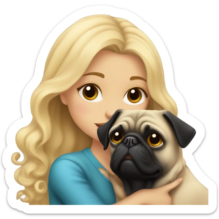 Girl with wavy blonde hair kissing a black pug sticker