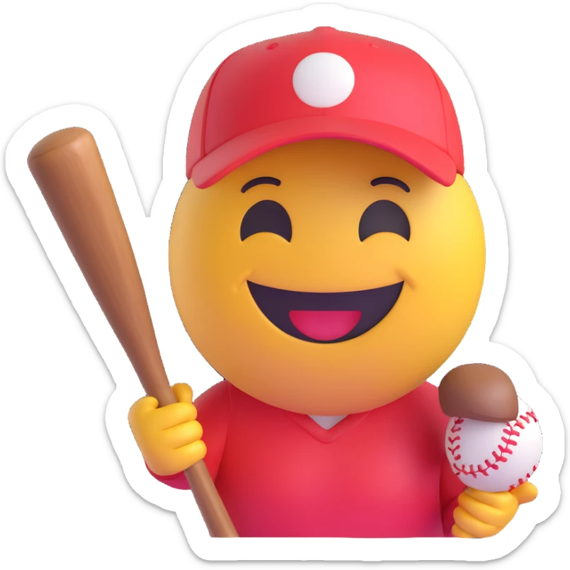 3D smiley emoji, round shape, wearing baseball cap and holding bat, sporty face sticker