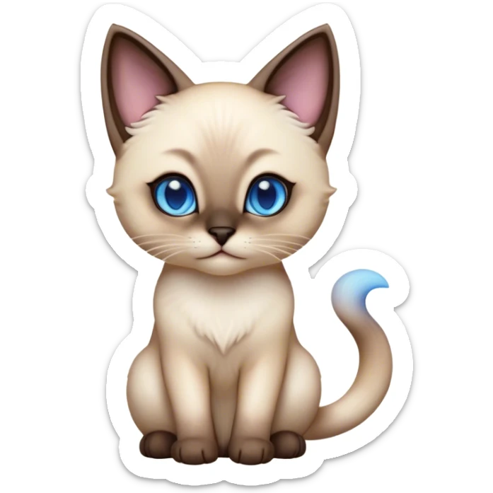 Cinematic Cute Siamese Cat Portrait Emoji, slender body, soft cream-colored fur with rich dark points on the ears, face, paws, and tail, big, sparkling sapphire-blue eyes, Simplified yet irresistibly adorable features, highly detailed, glowing with a warm, cozy glow, high shine, curious yet calm, stylized with a touch of whimsy, bright and endearing, soft glowing outline, capturing the essence of a mischievous yet lazy and loveable kitty, so cuddly it feels like it could waddle right out of the screen for a snuggle! sticker