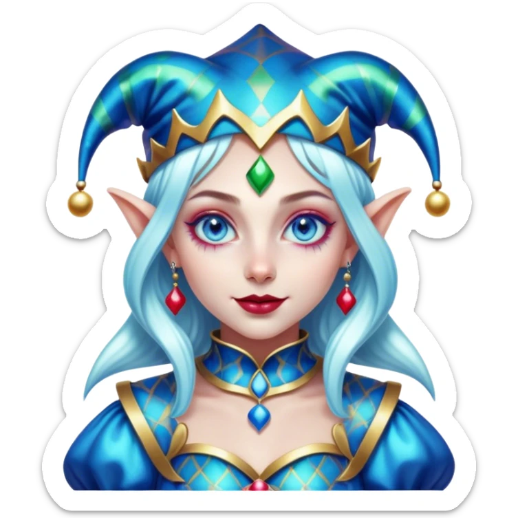 Cinematic chibi style girl in dressed like a Jester, very large glistening blue eyes, Ultra realistic 32k HD, Breathtaking piece of art, rim lighting, hauntingly beautiful art, vibrant colors, Balanced features, highly detailed digital artwork, glowing with silver light, glowing, high shine, deviant adoptable, highly detailed clothing, remembrance, a painting of white silver, fanciful, enchanting, ghostly, embodying the essence of both reality and fantasy, dreamy, dreamy glow, optical illusion, immaculate composition, complex pose, air composition. The image is so lifelike that it feels as though it could leap off the canvas at any moment sticker