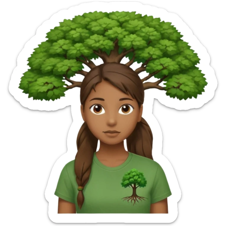 Make a zumba coach emoji, brown eyes, brown hair girl, green shirt withe "the roots" on it, longer pony tail hair, add the tree logo for the roots sticker