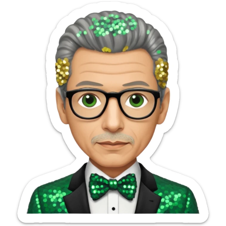 Jeff Goldblum with gray hair, dark green sequin suit with bow tie sticker