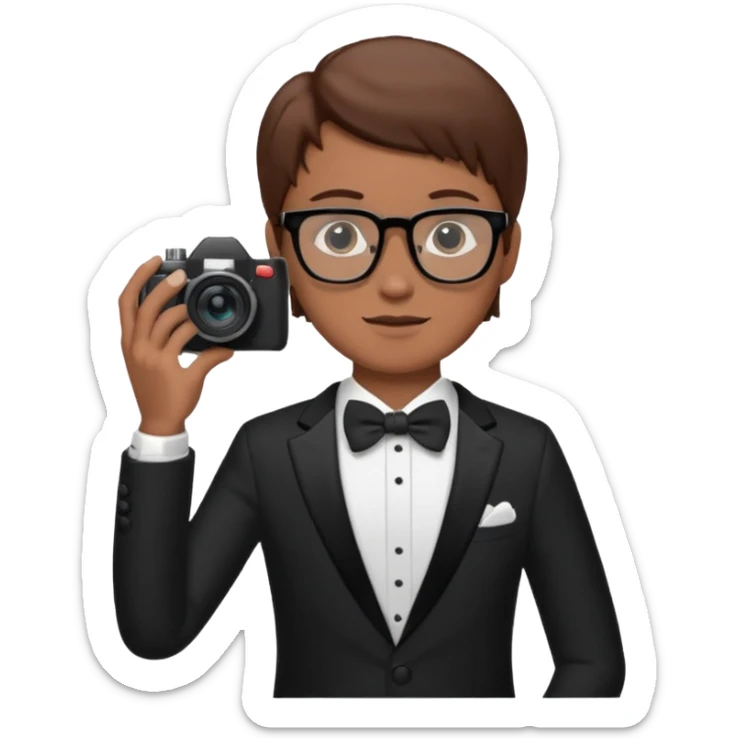 Un fotógrafo con pelo moreno, gafas, cámara en la mano derecha, fotografiando una boda sticker