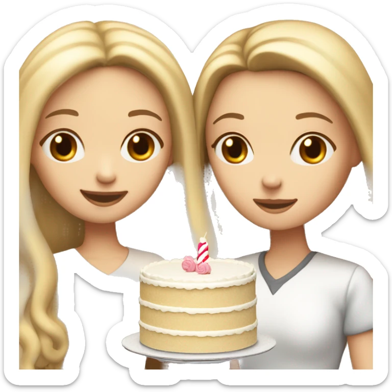 Girl with long blond hair and white girl with brown straight hair are holding big white cake sticker