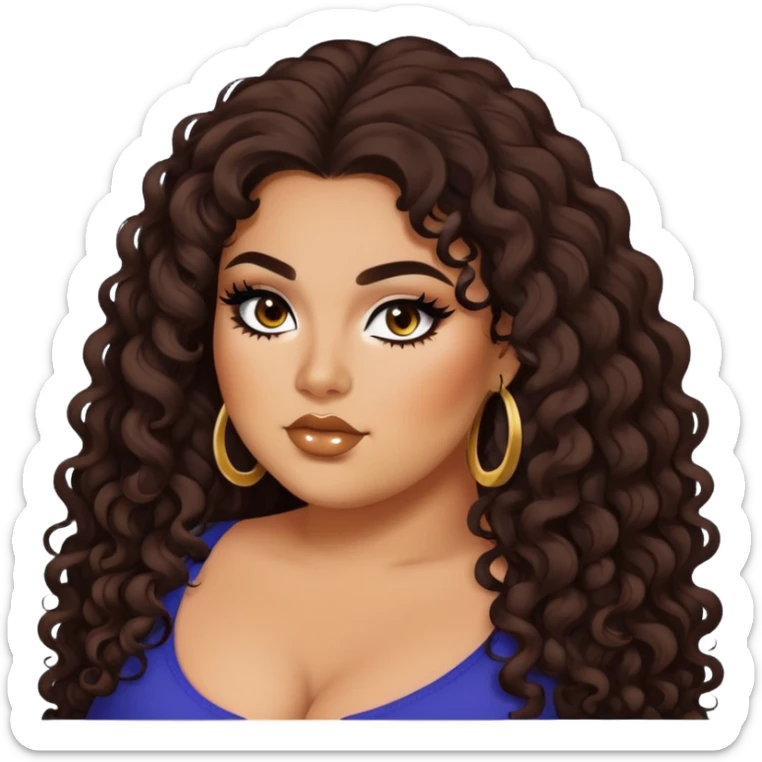 big plus size, tan skin, long dark curly hair, baddie,pretty, makeup, black eyeliner, long hair sticker
