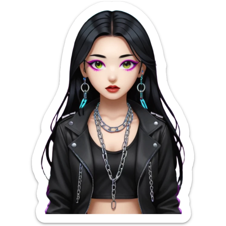  korean-techno-dj-girl,-wearing-a-stylish-edgy-outfit-with-metallic-chains,-long-black-hair,-performing-in-a-neon-lit-underground-club,-cyberpunk-aesthetic,-high-detail-3d-emoji-style,-energetic-and sticker
