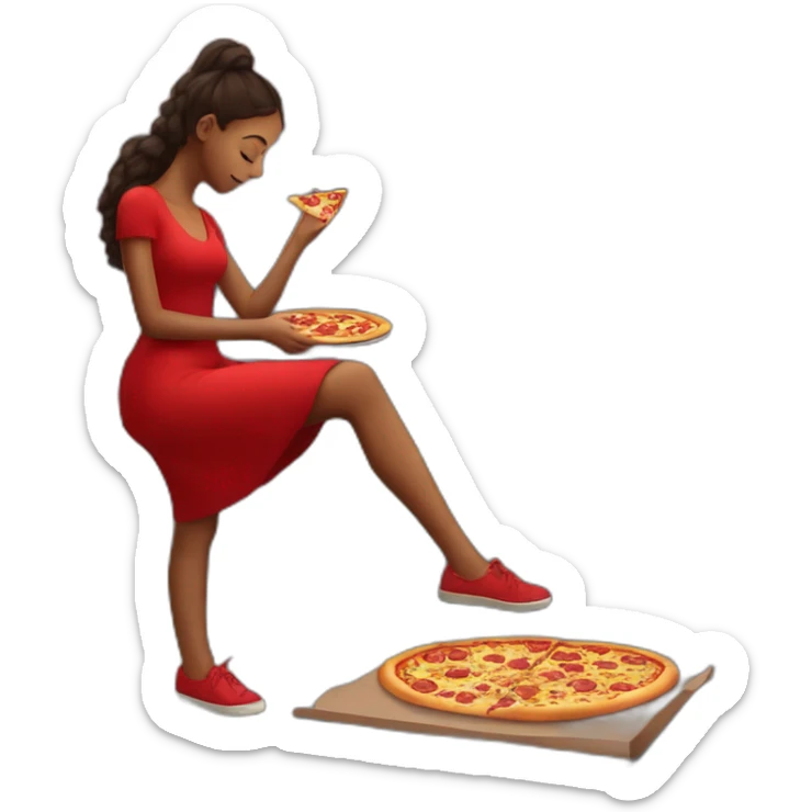 girl in a red dress goes through the city at the evening and eats pizza sticker