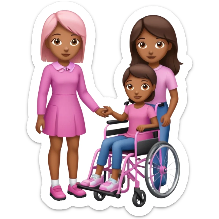 One tan skin sister standing behind her brown skin sister in a pink wheelchair sticker
