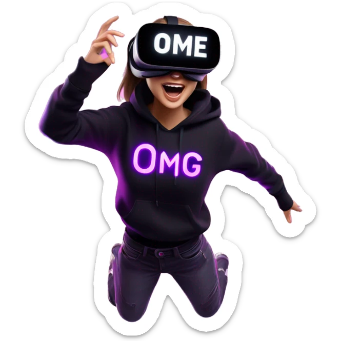 Russian girl wearing black hoody with violet letters "OMG", in vr headset oculus quest2. jumping. Cyberpunk style. Violet neon. sticker