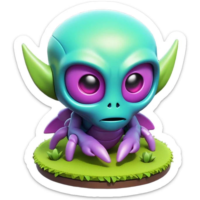 Clash of Clans aesthetic: Cinematic Playful 3D Isometric Alien Emoji, rendered in a 3D vector-style similar to standard emojis with minimal shading and bold, simplified shapes. A compact, distinct form with signature details, softly glowing with a futuristic sci-fi warfare charm. Simplified yet unmistakably iconic, highly detailed and consistent, glowing with a soft radiance and high shine. Stylized with a touch of high-tech brilliance and a soft glowing outline, capturing the essence of a beloved gaming relic with a friendly, playful manner! sticker