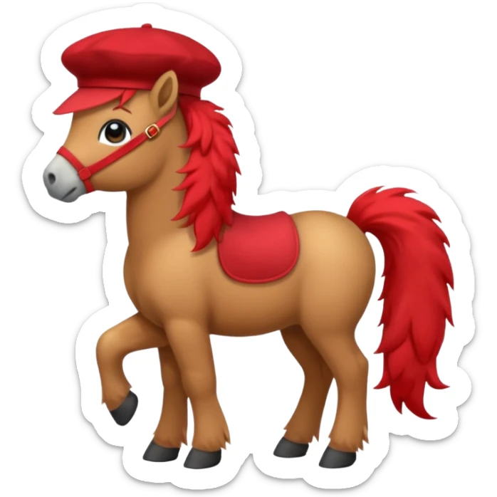 A cute pony (horse) emoji, full body, standing in side view, wearing a stylish red beret. sticker