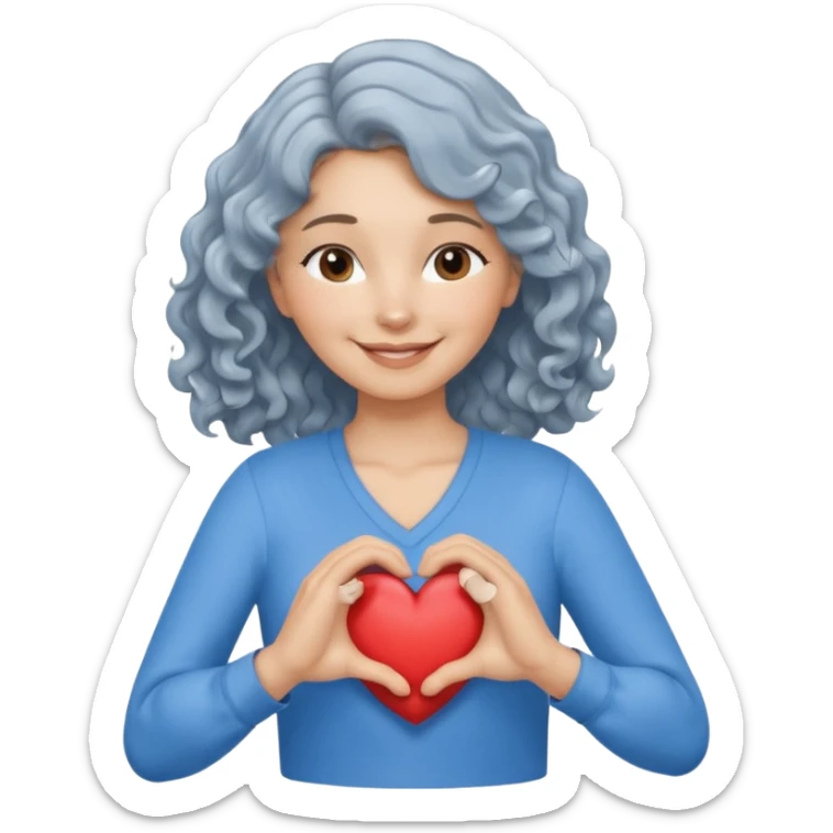Silver hair, wavy/curly hair chin-length lady giving hug with 2 arms,  v-neck and smiling, add a heart, blue shirt sticker
