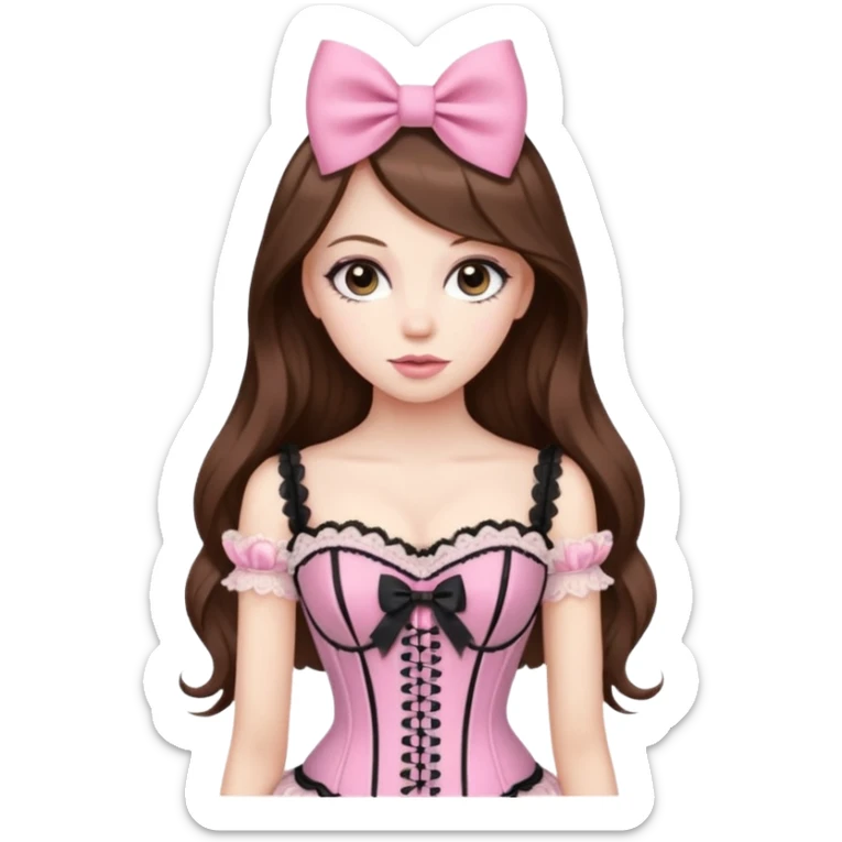 pretty, brown long hair, pale skin, eyeliner, pink bow, corset lace clothes sticker