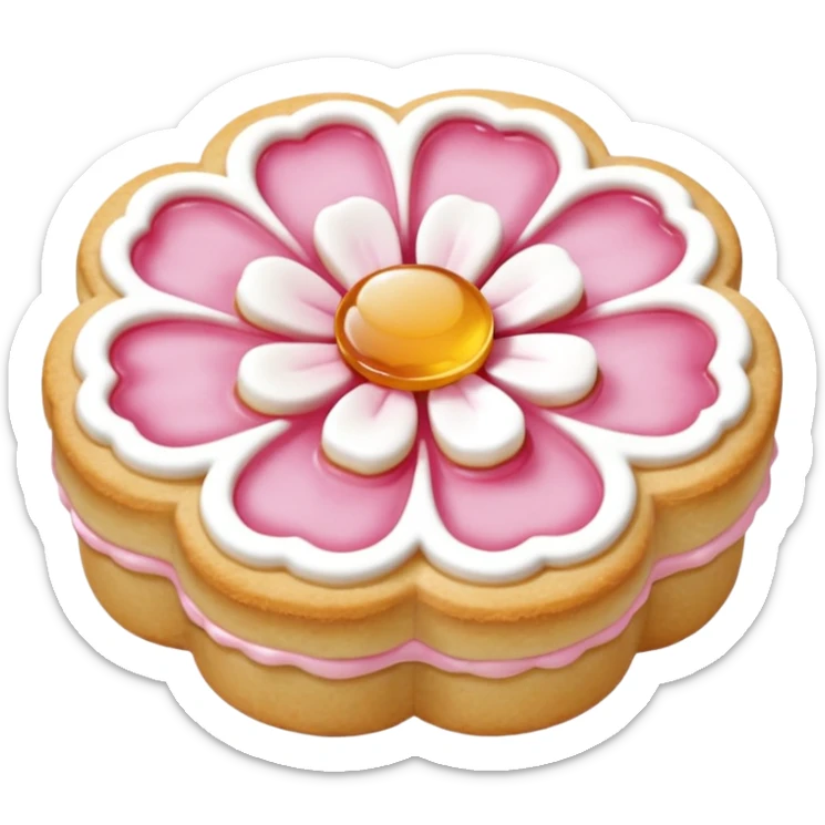 Realistic shortbread cookie in the shape of a camilia flower with pastel pink color jelly middle filling andkled powder sugar on top.emoj sprini sticker