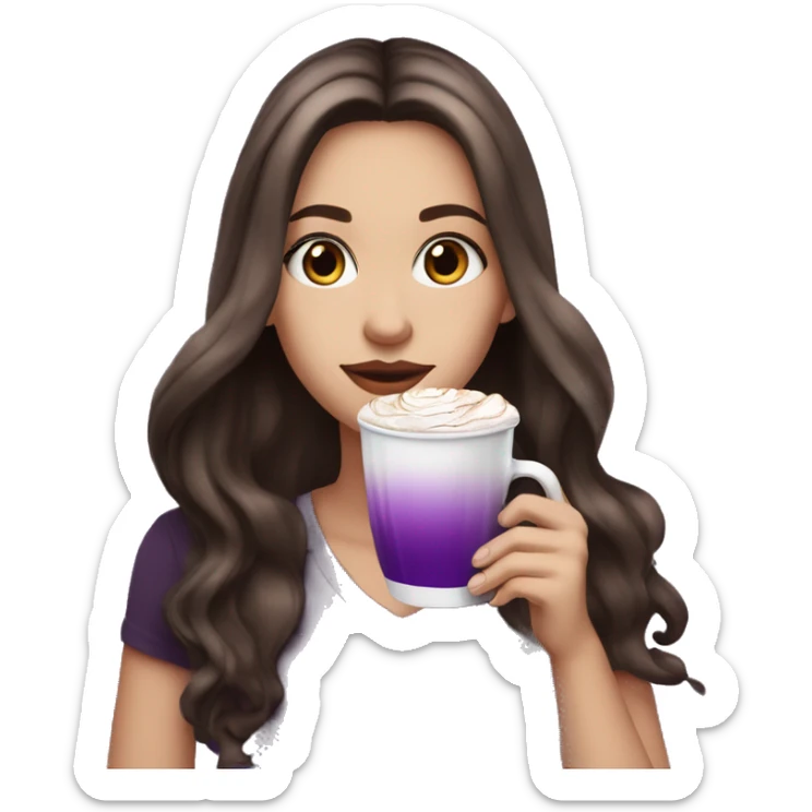 white girl with dark brown long hair with purple ombré at the tips and a hot chocolate sticker