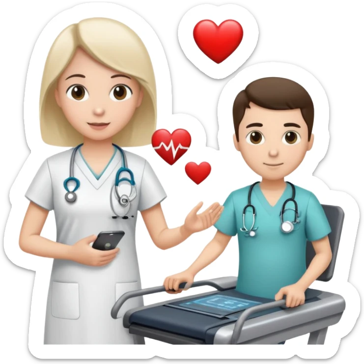 treadmill, patient in hospital gown, heart monitor, and doctor sticker