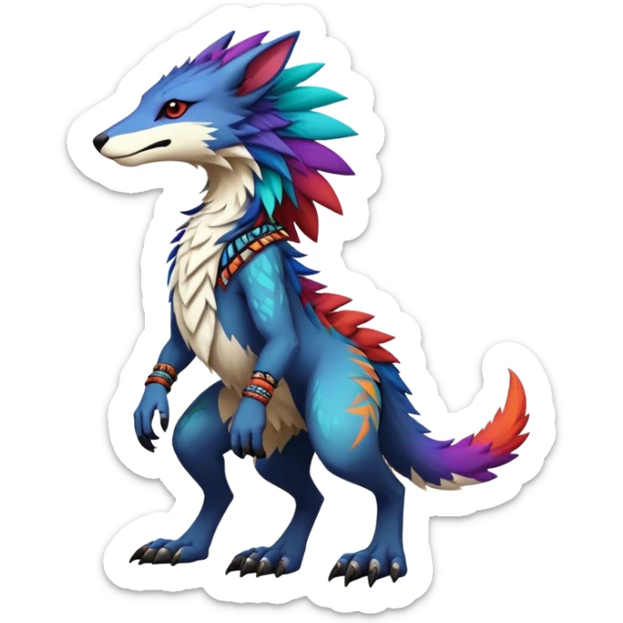 a colorful edgy cute vernid-sergal-fionbri-creature with tribal markings full body sticker