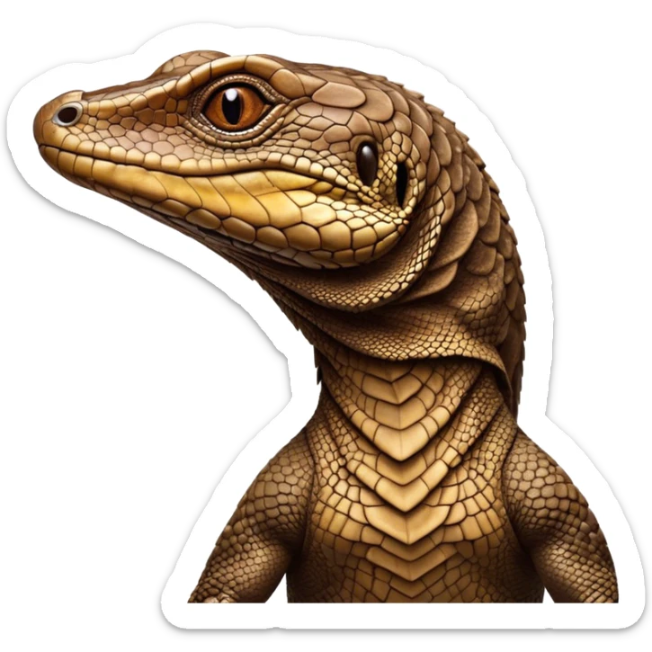 Cinematic Noble brown monitor Lizard Portrait Emoji, Poised and regal, with a robust, scaled body exhibiting striking, mottled patterns and piercing, alert eyes, Simplified yet sharp and sophisticated features, highly detailed, glowing with a soft, earthy glow, high shine, intelligent and formidable, stylized with an air of ancient wilderness, focused and commanding, soft glowing outline, capturing the essence of a watchful and confident reptilian guardian that appears ready to stride out of the screen with effortless authority! sticker