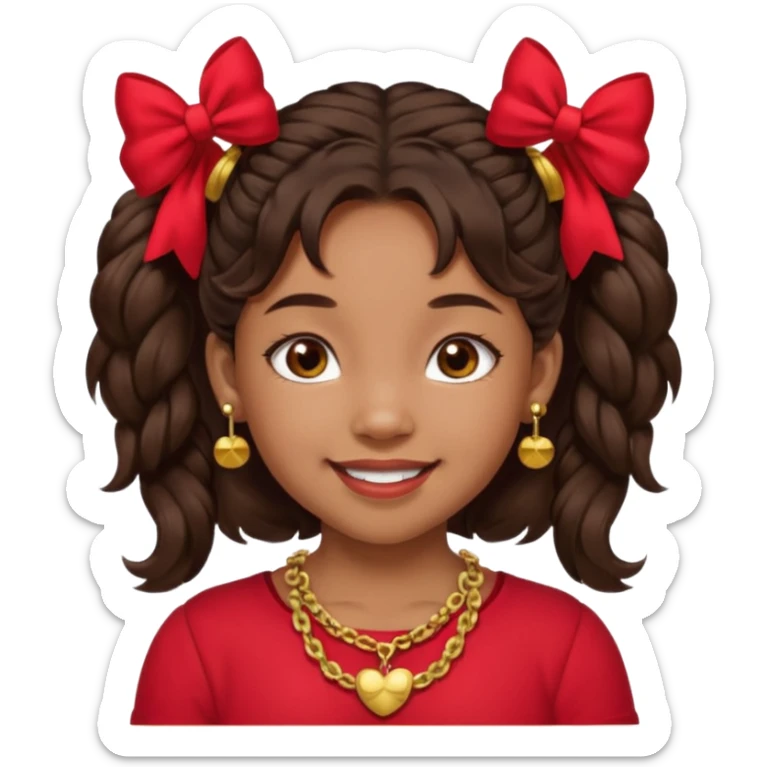 Brownskin girl dark brown hair fluffy. pigtails with red bows brown eyes smiling closed mouth red shirt gold esrrings gold necklace sticker