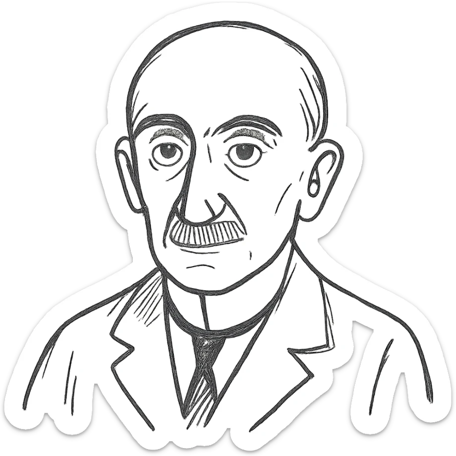 a hand drawn black outline portrait of philosopher Henri Bergson with similar-sized eyes based a famous photograph of him sticker