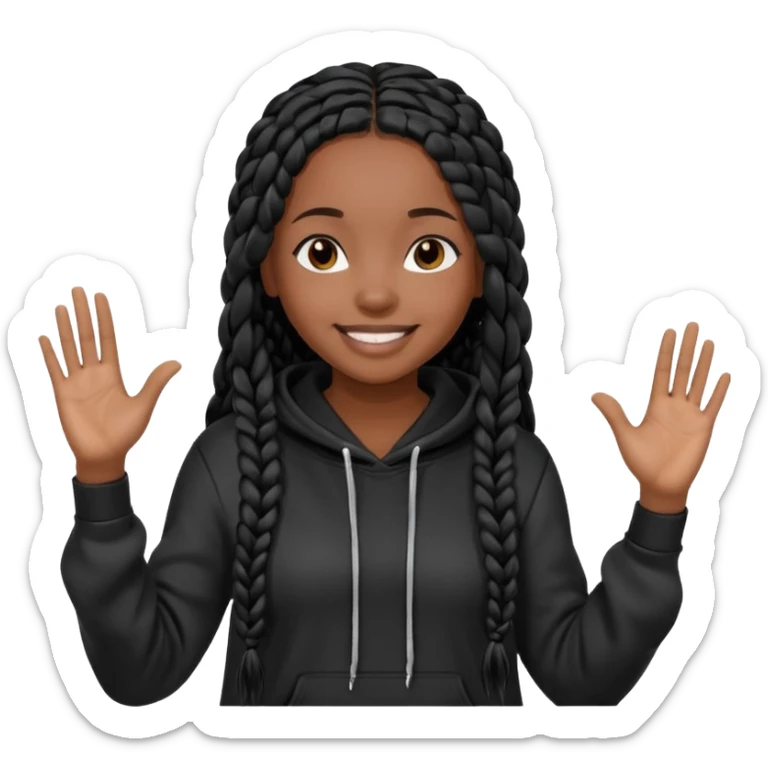African American girl dark skin complextion long black box braids wearing plain black hoodie with hands raised sticker