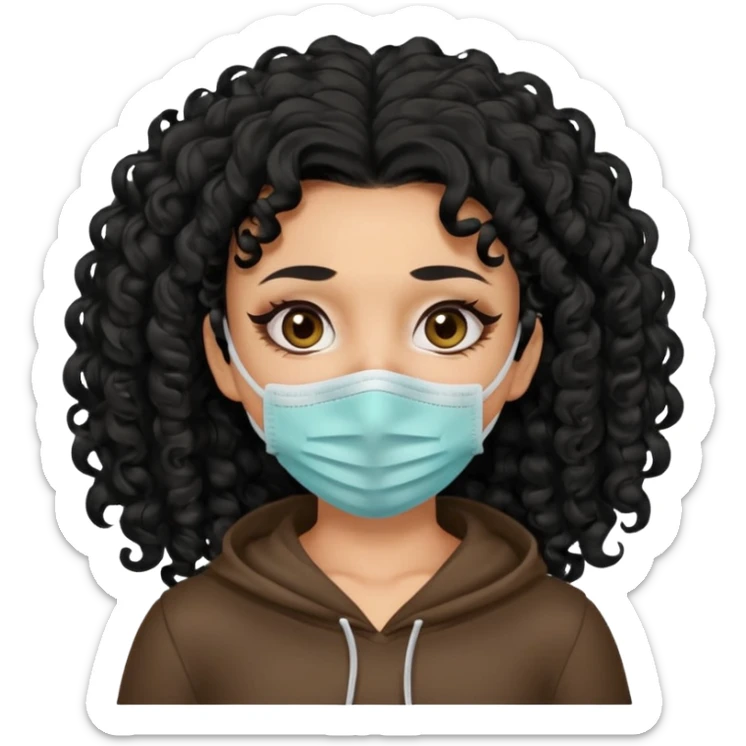 a pretty tan bratz girl with black curly hair. no makeup, looking sick, wearing a mask, coughing sticker