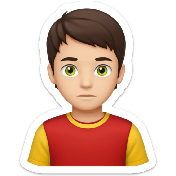 A portrait of a 14-year-old boy, he's got dark-brown hair, luight brownish skin and green hazel eyes. he's wearing a red t-sirt with yellow sleeves. sticker
