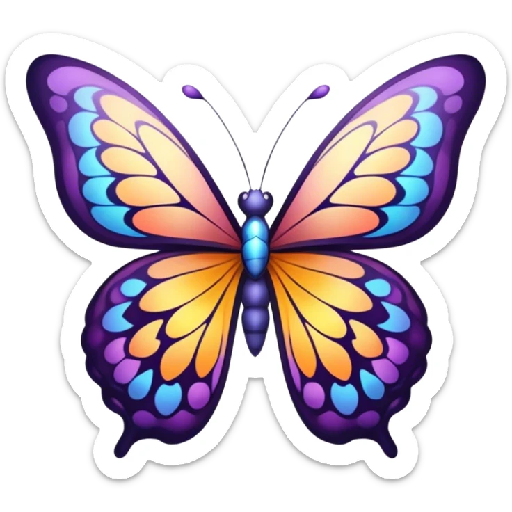 Cinematic Elegant Butterfly Portrait Emoji, Poised and ethereal, with delicate, intricately patterned wings in a kaleidoscope of soft, vibrant colors, a slender, graceful body, and gentle, observant eyes, Simplified yet exquisitely delicate features, highly detailed, glowing with a soft, radiant luminescence, high shine, intelligent and enchanting, stylized with an air of whimsical floral elegance, focused and poised, soft glowing outline, capturing the essence of a watchful butterfly that appears ready to flutter out of the screen with magical grace! sticker